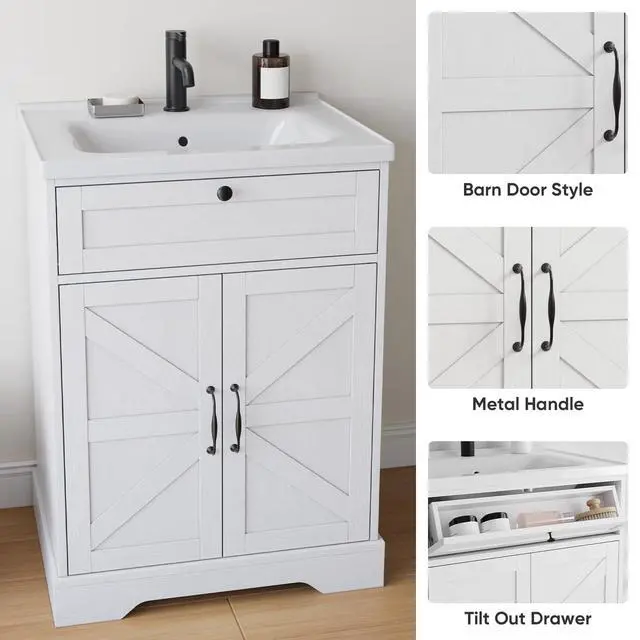 Alt view image 3 of 6 - 23.62 inch Bathroom Vanity with Ceramic Sink, Farmhouse Bathroom Cabinet with Barn Door & Drawer, Freestanding Floor Storage Cabinet with Sink Combo Set, Soft White