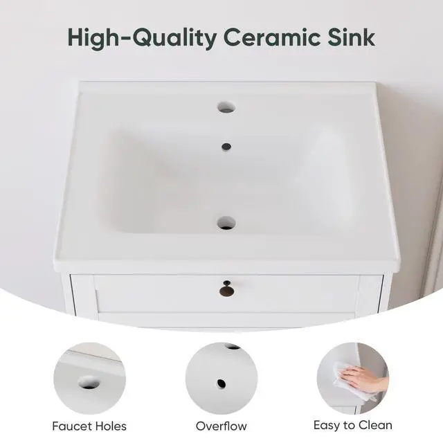 Alt view image 4 of 6 - 23.62 inch Bathroom Vanity with Ceramic Sink, Farmhouse Bathroom Cabinet with Barn Door & Drawer, Freestanding Floor Storage Cabinet with Sink Combo Set, Soft White