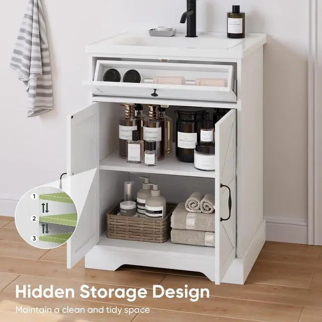 Alt view image 5 of 6 - 23.62 inch Bathroom Vanity with Ceramic Sink, Farmhouse Bathroom Cabinet with Barn Door & Drawer, Freestanding Floor Storage Cabinet with Sink Combo Set, Soft White