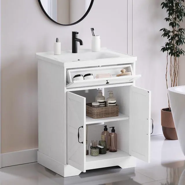 Alt view image 6 of 6 - 23.62 inch Bathroom Vanity with Ceramic Sink, Farmhouse Bathroom Cabinet with Barn Door & Drawer, Freestanding Floor Storage Cabinet with Sink Combo Set, Soft White