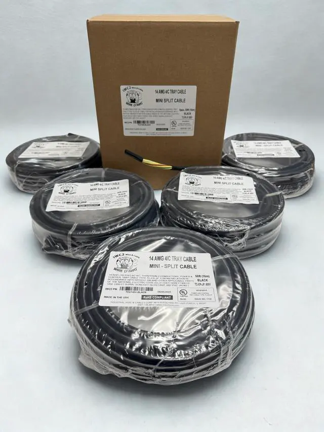 Main image of 14 AWG 4-Conductor Stranded Mini-Split Power Cable 100% Copper 5 x 50 FT (Black) UL Listed, 600V Indoor/Outdoor - Made in USA (5, Medium)