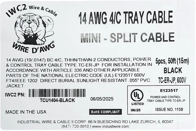Alt view image 3 of 3 - 14 AWG 4-Conductor Stranded Mini-Split Power Cable 100% Copper 5 x 50 FT (Black) UL Listed, 600V Indoor/Outdoor - Made in USA (5, Medium)