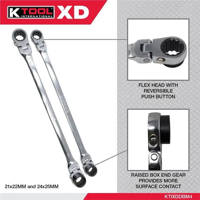Alt view image 2 of 6 - XDDBM4 2 Piece Metric Reversible Double Box Ratcheting Wrench Set for Garages, Repair Shops, DIY, Universal Spline, 90 Tooth, 180 Degree Flex Head, Raised Box, 21, 22, 24, 25MM
