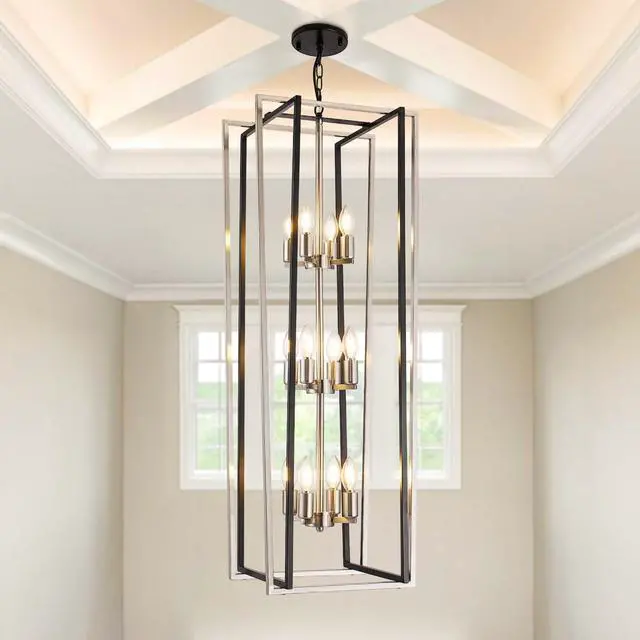 Main image of 12-Light Modern Chandelier, Large Chandeliers for High Ceilings, Farmhouse Foyer Lighting Fixtures, 3 Tier Lantern Pendant Light, Industrial Chandelier for Entryway Staircase, Black & Silver