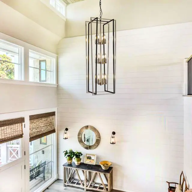 Alt view image 2 of 6 - 12-Light Modern Chandelier, Large Chandeliers for High Ceilings, Farmhouse Foyer Lighting Fixtures, 3 Tier Lantern Pendant Light, Industrial Chandelier for Entryway Staircase, Black & Silver