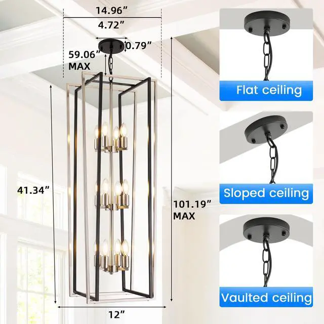 Alt view image 3 of 6 - 12-Light Modern Chandelier, Large Chandeliers for High Ceilings, Farmhouse Foyer Lighting Fixtures, 3 Tier Lantern Pendant Light, Industrial Chandelier for Entryway Staircase, Black & Silver