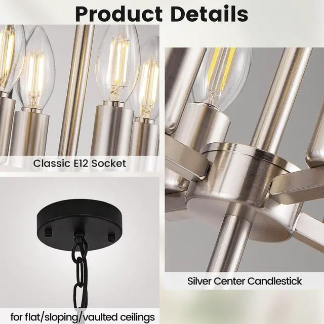 Alt view image 4 of 6 - 12-Light Modern Chandelier, Large Chandeliers for High Ceilings, Farmhouse Foyer Lighting Fixtures, 3 Tier Lantern Pendant Light, Industrial Chandelier for Entryway Staircase, Black & Silver