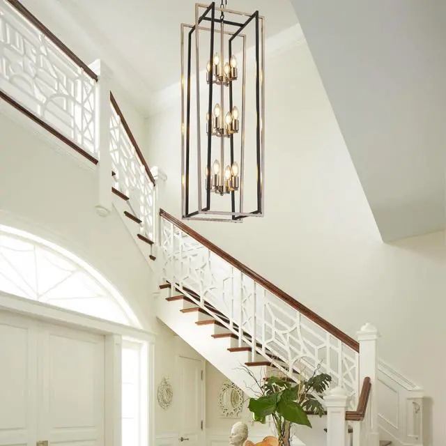 Alt view image 6 of 6 - 12-Light Modern Chandelier, Large Chandeliers for High Ceilings, Farmhouse Foyer Lighting Fixtures, 3 Tier Lantern Pendant Light, Industrial Chandelier for Entryway Staircase, Black & Silver