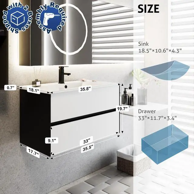 Alt view image 2 of 6 - 36" Bathroom Vanity Cabinet with Undermount White Sink Combo, Wall Mounted Floating Bathroom Cabinet with Colors Mixed Style, 2 Big Drawers & Matte Black Faucet