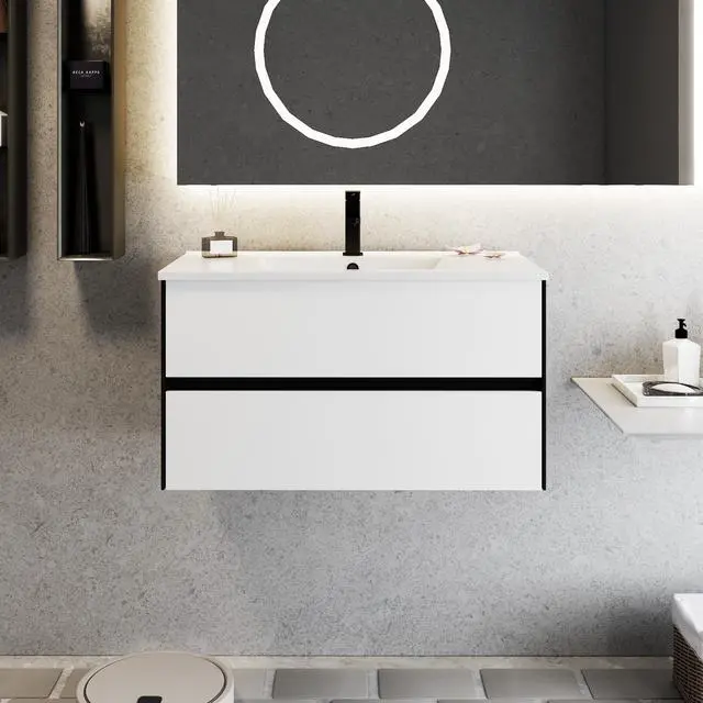 Alt view image 3 of 6 - 36" Bathroom Vanity Cabinet with Undermount White Sink Combo, Wall Mounted Floating Bathroom Cabinet with Colors Mixed Style, 2 Big Drawers & Matte Black Faucet