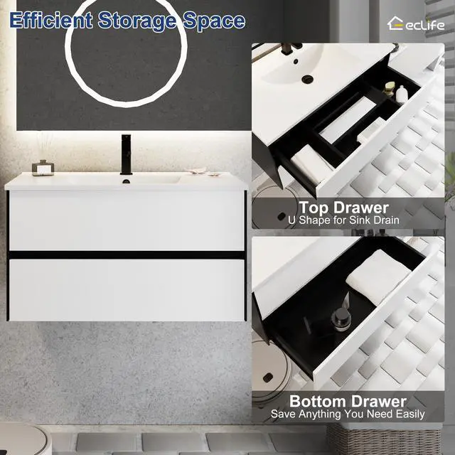 Alt view image 4 of 6 - 36" Bathroom Vanity Cabinet with Undermount White Sink Combo, Wall Mounted Floating Bathroom Cabinet with Colors Mixed Style, 2 Big Drawers & Matte Black Faucet