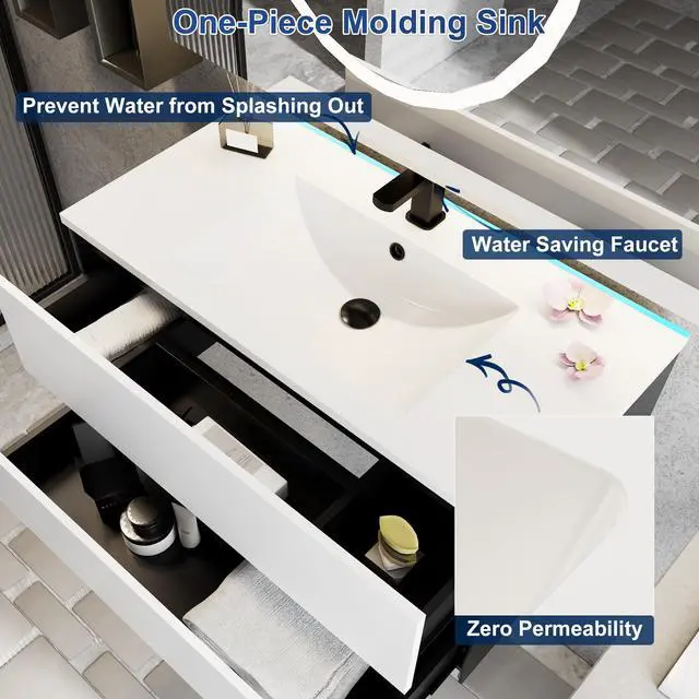 Alt view image 6 of 6 - 36" Bathroom Vanity Cabinet with Undermount White Sink Combo, Wall Mounted Floating Bathroom Cabinet with Colors Mixed Style, 2 Big Drawers & Matte Black Faucet
