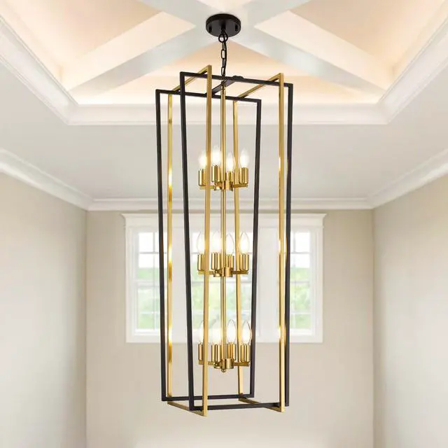 Main image of Stylish 12-Light Tiered Lantern Pendant Light Fixtures - Majestic Large Foyer Chandeliers for High Ceilings, Black & Gold Long Chandeliers Perfect for Your Farmhouse Entryway!