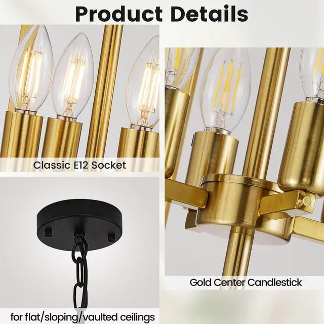 Alt view image 2 of 6 - Stylish 12-Light Tiered Lantern Pendant Light Fixtures - Majestic Large Foyer Chandeliers for High Ceilings, Black & Gold Long Chandeliers Perfect for Your Farmhouse Entryway!