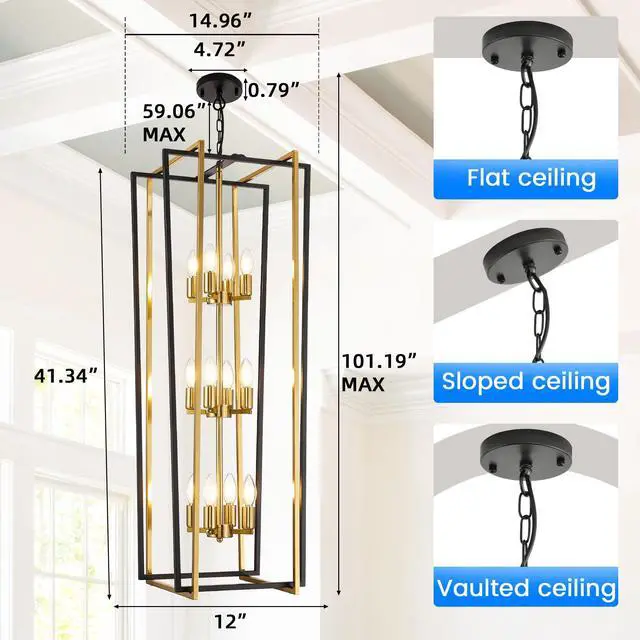 Alt view image 3 of 6 - Stylish 12-Light Tiered Lantern Pendant Light Fixtures - Majestic Large Foyer Chandeliers for High Ceilings, Black & Gold Long Chandeliers Perfect for Your Farmhouse Entryway!