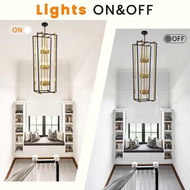 Alt view image 4 of 6 - Stylish 12-Light Tiered Lantern Pendant Light Fixtures - Majestic Large Foyer Chandeliers for High Ceilings, Black & Gold Long Chandeliers Perfect for Your Farmhouse Entryway!