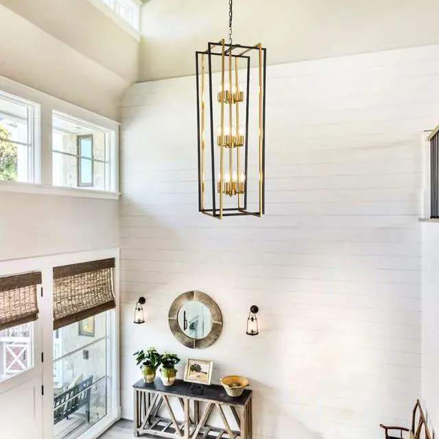 Alt view image 5 of 6 - Stylish 12-Light Tiered Lantern Pendant Light Fixtures - Majestic Large Foyer Chandeliers for High Ceilings, Black & Gold Long Chandeliers Perfect for Your Farmhouse Entryway!