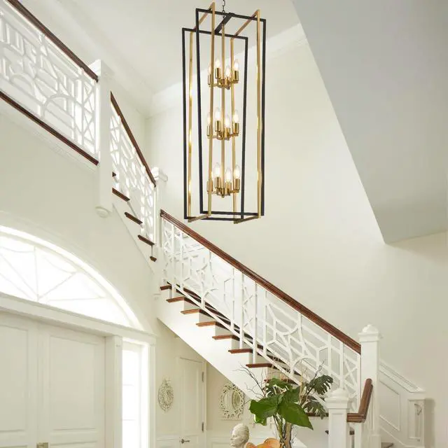 Alt view image 6 of 6 - Stylish 12-Light Tiered Lantern Pendant Light Fixtures - Majestic Large Foyer Chandeliers for High Ceilings, Black & Gold Long Chandeliers Perfect for Your Farmhouse Entryway!