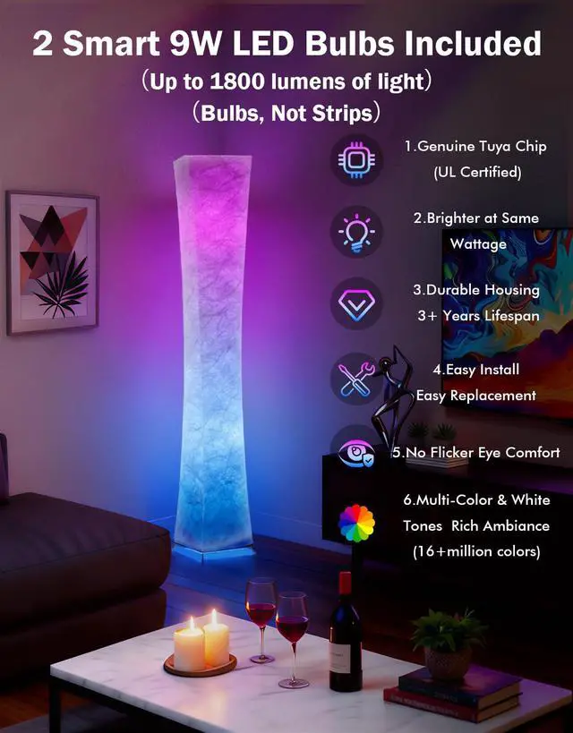 Alt view image 2 of 6 - LEONC RGB+CCT Floor Lamp with Remote, 1800lm LED Tuya Smart 9W×2 Bulbs, 65" Smart Modern Floor Lamp with Alexa, Music Sync and 16 Million Colors, Color Changing Standing Lamp for Bedroom Living Room