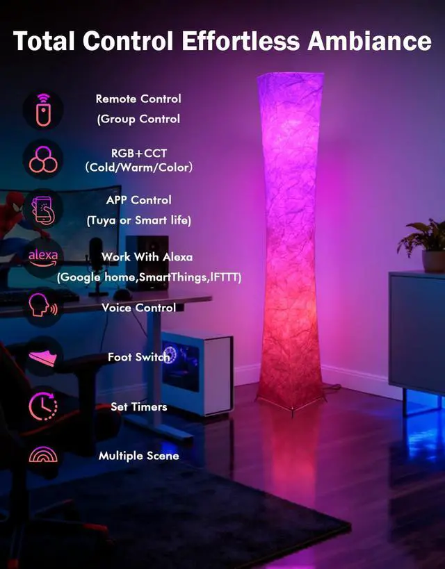Alt view image 3 of 6 - LEONC RGB+CCT Floor Lamp with Remote, 1800lm LED Tuya Smart 9W×2 Bulbs, 65" Smart Modern Floor Lamp with Alexa, Music Sync and 16 Million Colors, Color Changing Standing Lamp for Bedroom Living Room