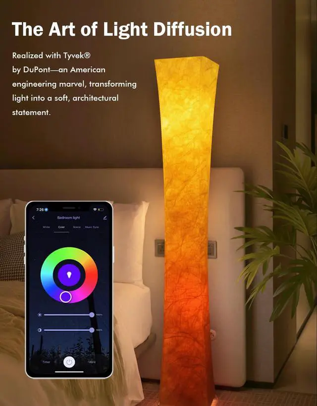 Alt view image 4 of 6 - LEONC RGB+CCT Floor Lamp with Remote, 1800lm LED Tuya Smart 9W×2 Bulbs, 65" Smart Modern Floor Lamp with Alexa, Music Sync and 16 Million Colors, Color Changing Standing Lamp for Bedroom Living Room