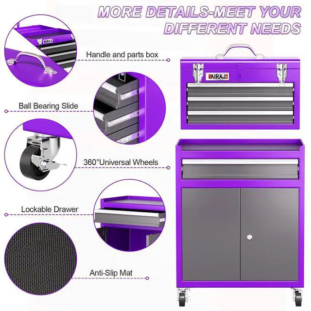 Alt view image 4 of 6 - AIRAJ Rolling Tool Chest,4 Drawers Tool Chest with 4 Swivel Casters,Large-Capacity Detachable Tool Cabinet with Lock and Double Doors,Suitable for Work Shops,Warehouse and Garage,Purple