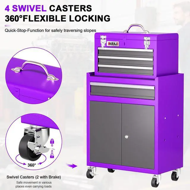 Alt view image 6 of 6 - AIRAJ Rolling Tool Chest,4 Drawers Tool Chest with 4 Swivel Casters,Large-Capacity Detachable Tool Cabinet with Lock and Double Doors,Suitable for Work Shops,Warehouse and Garage,Purple