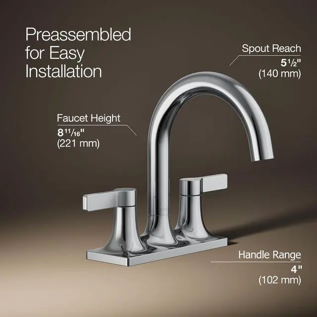 Alt view image 3 of 6 - K-28124-4-CP Venza® Centerset Bathroom Sink Faucet, 3-Hole, 1.2 GPM, Easy Installation, Corrosion Resistant, Polished Chrome