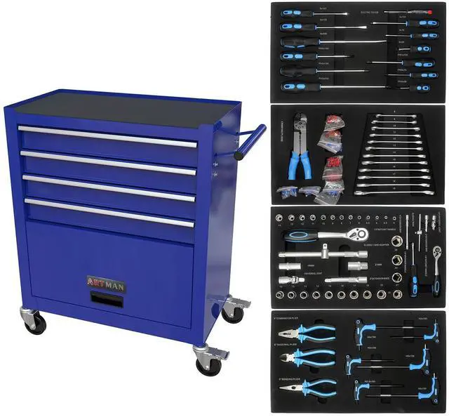 Main image of 233PCS 4 Drawers Rolling Tool Box with Tool Sets, Heavy Duty Steel Garage Storage Cabinet with Lockable Wheels, Mechanic Organizer for Home, Auto, Workshop, Warehouse, Blue