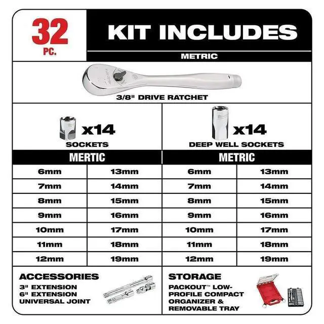 Alt view image 2 of 5 - 48-22-9482 for Milwaukee 3/8 in. Drive Metric Ratchet / Socket PACKOUT Set (32-Piece