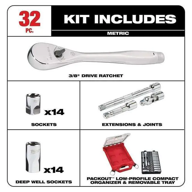Alt view image 4 of 5 - 48-22-9482 for Milwaukee 3/8 in. Drive Metric Ratchet / Socket PACKOUT Set (32-Piece