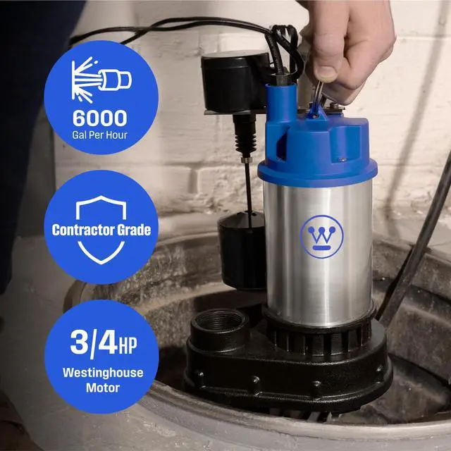 Alt view image 2 of 6 - 3/4 HP Submersible Cast Iron and Stainless Steel Sump Pump with Integrated Vertical Float Switch - 6,000 Gallons Per Hour - Heavy Duty Basement Sump Pump