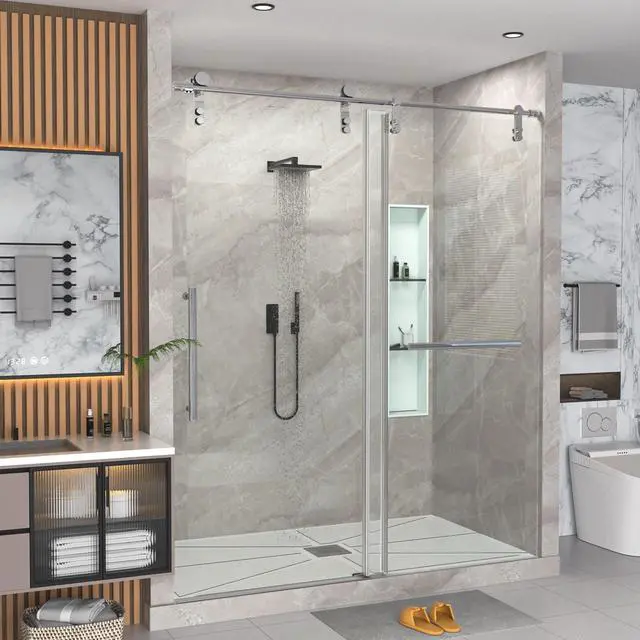 Main image of Frameless Shower Door 56-60" W x 76" H, Bathroom Sliding Glass Shower Door with 5/16" (8mm) Clear SGCC Tempered Glass Stainless Steel Hardware for Walk-in Shower