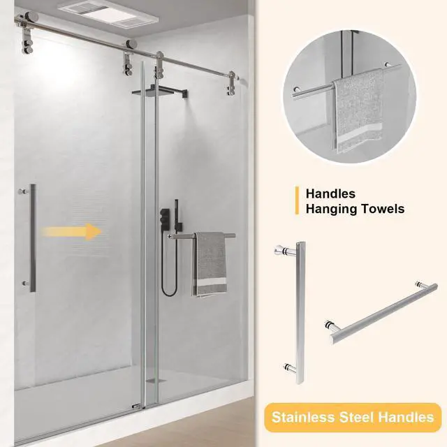 Alt view image 6 of 6 - Frameless Shower Door 56-60" W x 76" H, Bathroom Sliding Glass Shower Door with 5/16" (8mm) Clear SGCC Tempered Glass Stainless Steel Hardware for Walk-in Shower