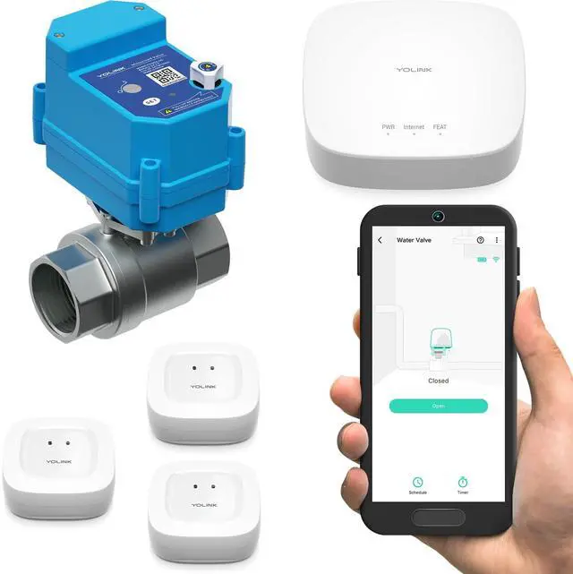 Main image of LoRa Smart Water Leak Protection System, Including 1/2" Commercial Grade Smart Motorized Stainless Steel Valve, (3) Water Leak Sensors, Hub: Up to 1/4-Mile Range, IFTTT, Alexa, Home Assistant