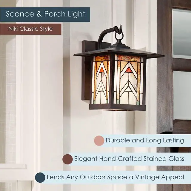 Alt view image 3 of 6 - Stained Glass Outdoor Light Fixture - 11.75" H - Mission Style Porch Light - Niki