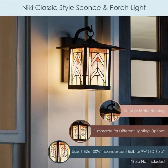 Alt view image 4 of 6 - Stained Glass Outdoor Light Fixture - 11.75" H - Mission Style Porch Light - Niki