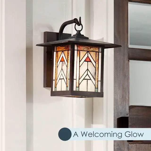 Alt view image 5 of 6 - Stained Glass Outdoor Light Fixture - 11.75" H - Mission Style Porch Light - Niki