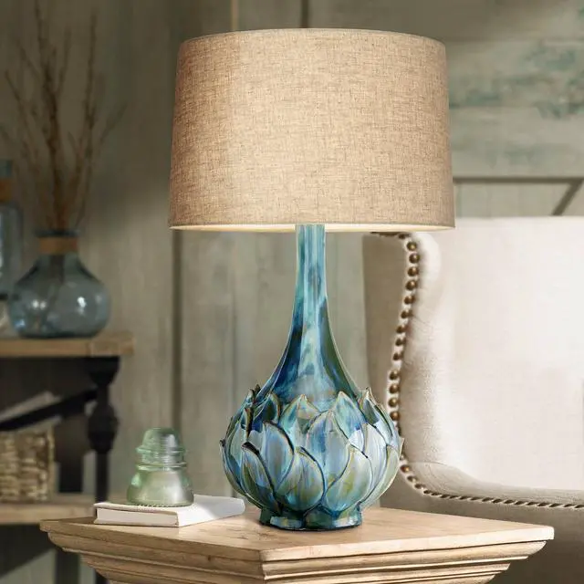 Main image of Kenya Modern Table Lamp 29 1/2" Tall Blue Green Reactive Glaze Ceramic Beige Linen Tapered Drum Shade for Cottage Core Bedroom Living Room House Home Bedside Nightstand Kids