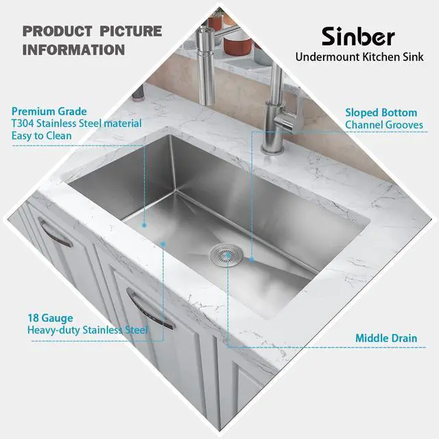 Alt view image 3 of 6 - HU3018S 30" x 18" x 10" Undermount Single Bowl Kitchen Sink with 18 Gauge 304 Stainless Steel Satin Finish