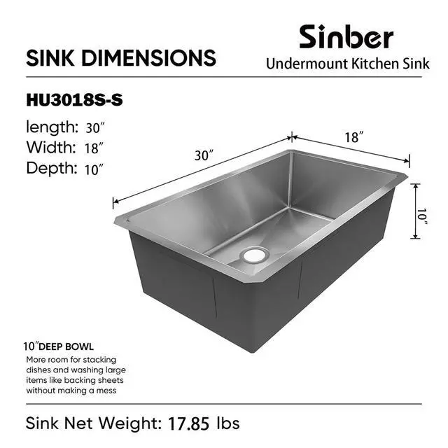Alt view image 4 of 6 - HU3018S 30" x 18" x 10" Undermount Single Bowl Kitchen Sink with 18 Gauge 304 Stainless Steel Satin Finish