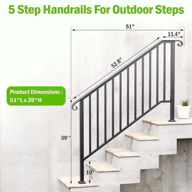 Alt view image 2 of 6 - 2 Pack Handrails for Outdoor Steps, 5 Step Wrought Iron Stair Railing Kit Fits 4 or 5 Steps, Metal Hand Rail with Installation Kit, Staircase Handrails for Concrete, Porch, Deck Steps, Black