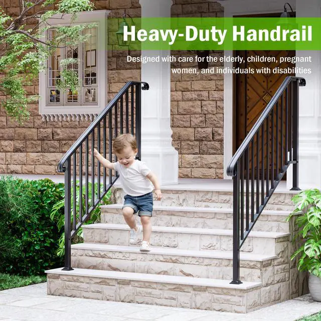 Alt view image 6 of 6 - 2 Pack Handrails for Outdoor Steps, 5 Step Wrought Iron Stair Railing Kit Fits 4 or 5 Steps, Metal Hand Rail with Installation Kit, Staircase Handrails for Concrete, Porch, Deck Steps, Black