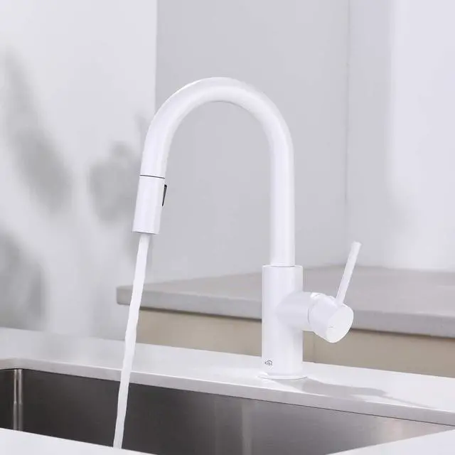 Alt view image 2 of 4 - Pull Down Single Handle Kitchen Faucet | Solid Brass High Arc Spout | Kitchen Sink Faucet with Pull Down Sprayer | Easy Clean (Matte White, KKF2011)