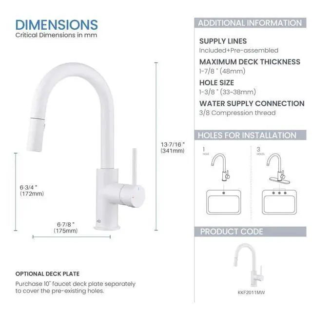 Alt view image 3 of 4 - Pull Down Single Handle Kitchen Faucet | Solid Brass High Arc Spout | Kitchen Sink Faucet with Pull Down Sprayer | Easy Clean (Matte White, KKF2011)