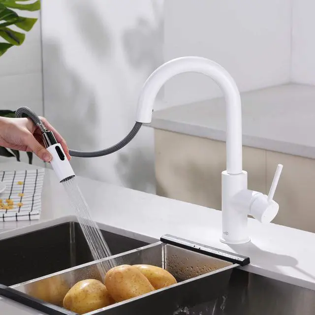 Alt view image 4 of 4 - Pull Down Single Handle Kitchen Faucet | Solid Brass High Arc Spout | Kitchen Sink Faucet with Pull Down Sprayer | Easy Clean (Matte White, KKF2011)
