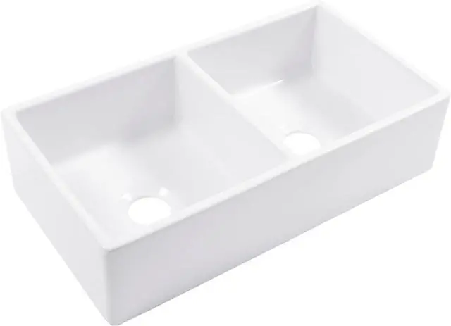 Main image of Turner Fireclay Farmhouse Apron Front Kitchen Sink, White, Handcrafted with SureFire Chip-Resistant Glaze, Everyday Promise (Crisp White, 33 Inch Double Bowl)