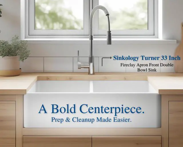 Alt view image 2 of 6 - Turner Fireclay Farmhouse Apron Front Kitchen Sink, White, Handcrafted with SureFire Chip-Resistant Glaze, Everyday Promise (Crisp White, 33 Inch Double Bowl)