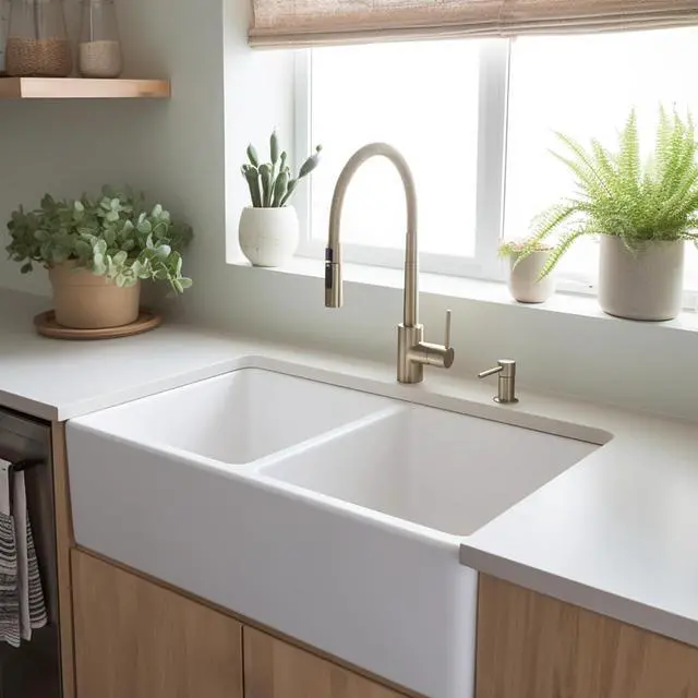 Alt view image 5 of 6 - Turner Fireclay Farmhouse Apron Front Kitchen Sink, White, Handcrafted with SureFire Chip-Resistant Glaze, Everyday Promise (Crisp White, 33 Inch Double Bowl)