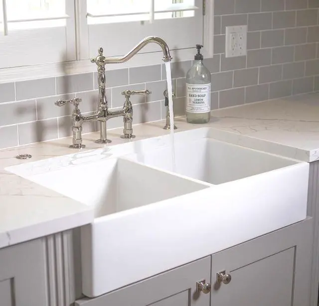 Alt view image 6 of 6 - Turner Fireclay Farmhouse Apron Front Kitchen Sink, White, Handcrafted with SureFire Chip-Resistant Glaze, Everyday Promise (Crisp White, 33 Inch Double Bowl)